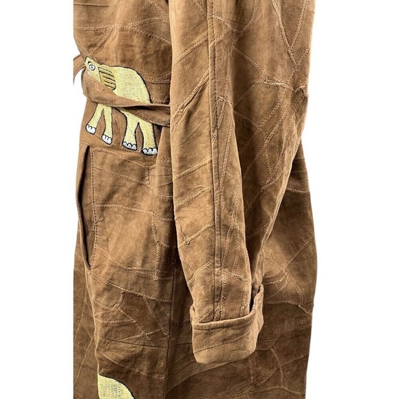 The African Star Long Suede Leather Coat Belted Embroidered Elephants XL Vintage - Picture 10 of 16